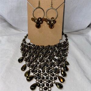 Elegant Gold and Brown Beaded Necklace and Earring Set